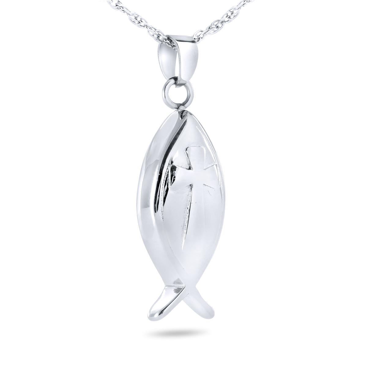 Stainless steel pendant in the outline of the Christian ichthus fish, two crossed arcs