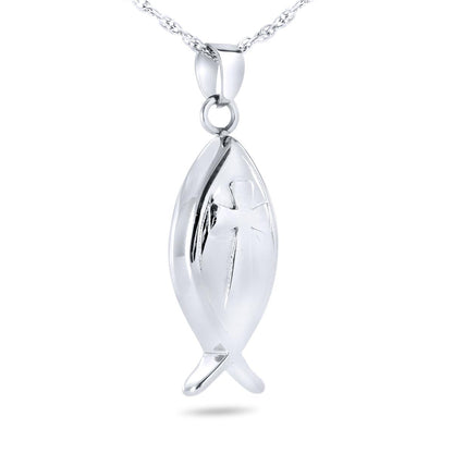 Stainless steel pendant in the outline of the Christian ichthus fish, two crossed arcs