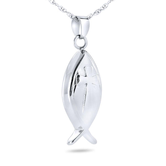 Stainless steel pendant in the outline of the Christian ichthus fish, two crossed arcs