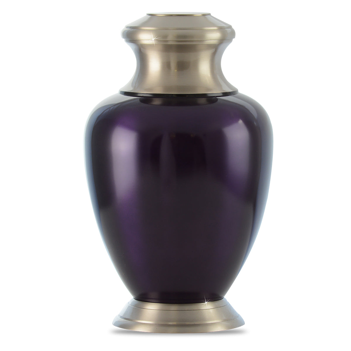 Purple enamelled brass cremation urn with a smooth modern silhouette and plain lid