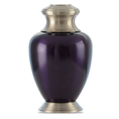 Purple enamelled brass cremation urn with a smooth modern silhouette and plain lid