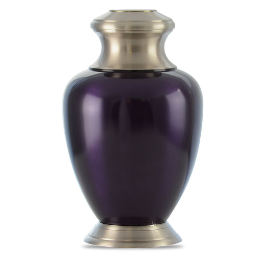 Purple enamelled brass cremation urn with a smooth modern silhouette and plain lid
