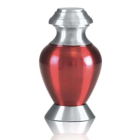 Red lacquered brass keepsake urn with squared shoulders and a contemporary profile
