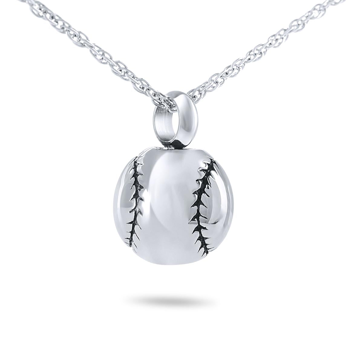Small steel keepsake urn with raised baseball seam stitching across the body