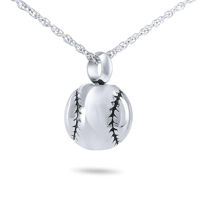 Small steel keepsake urn with raised baseball seam stitching across the body
