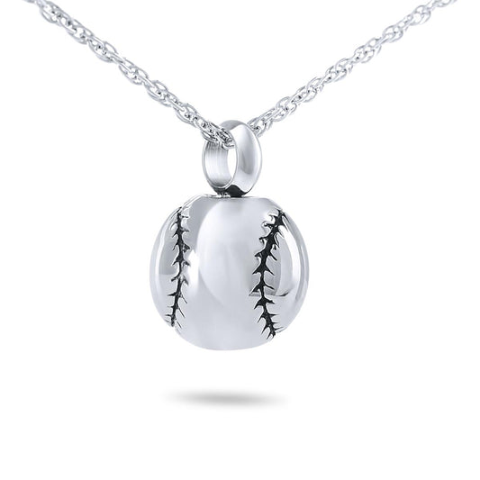 Small steel keepsake urn with raised baseball seam stitching across the body