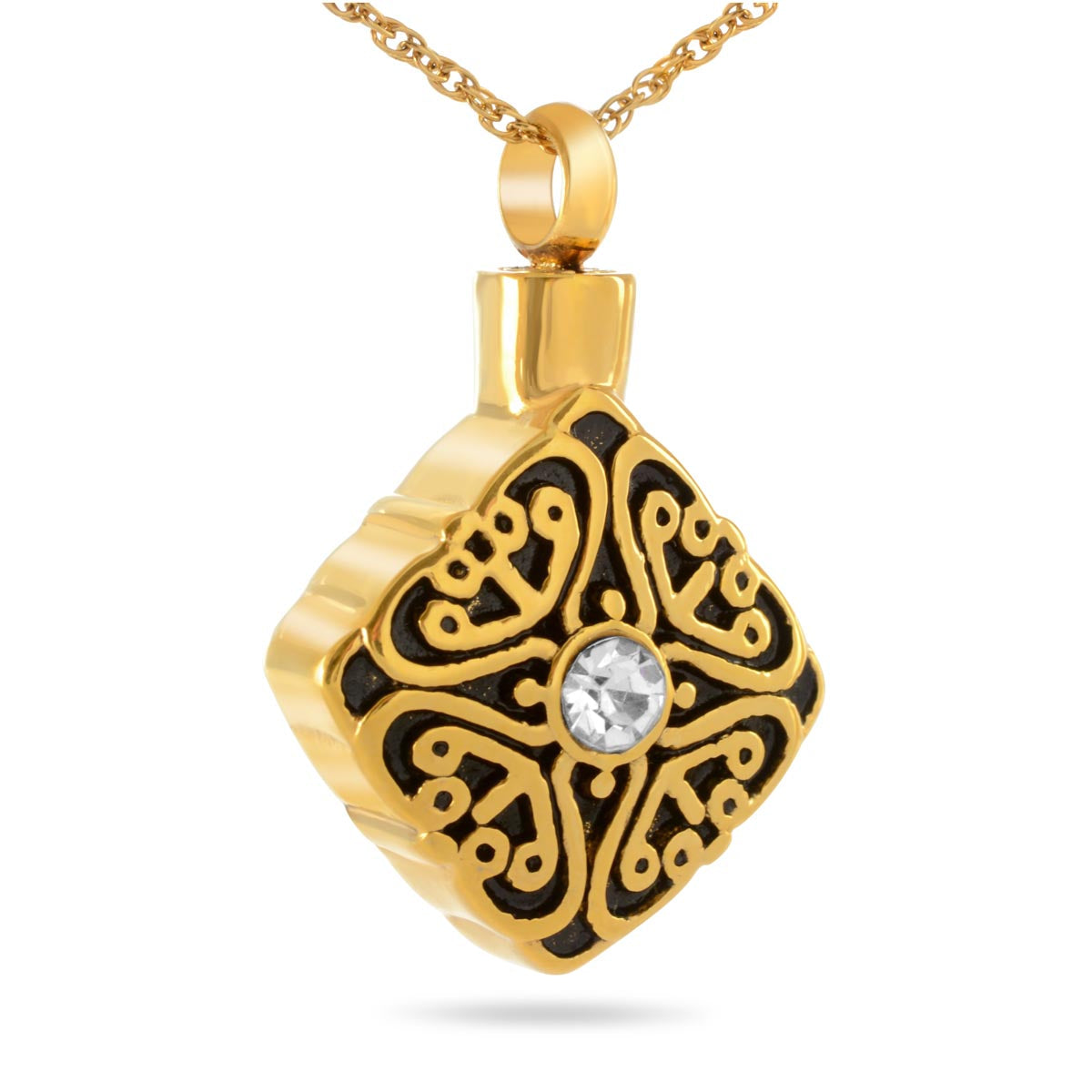 Gold cremation pendant with fine scrollwork framing a cluster of clear crystals