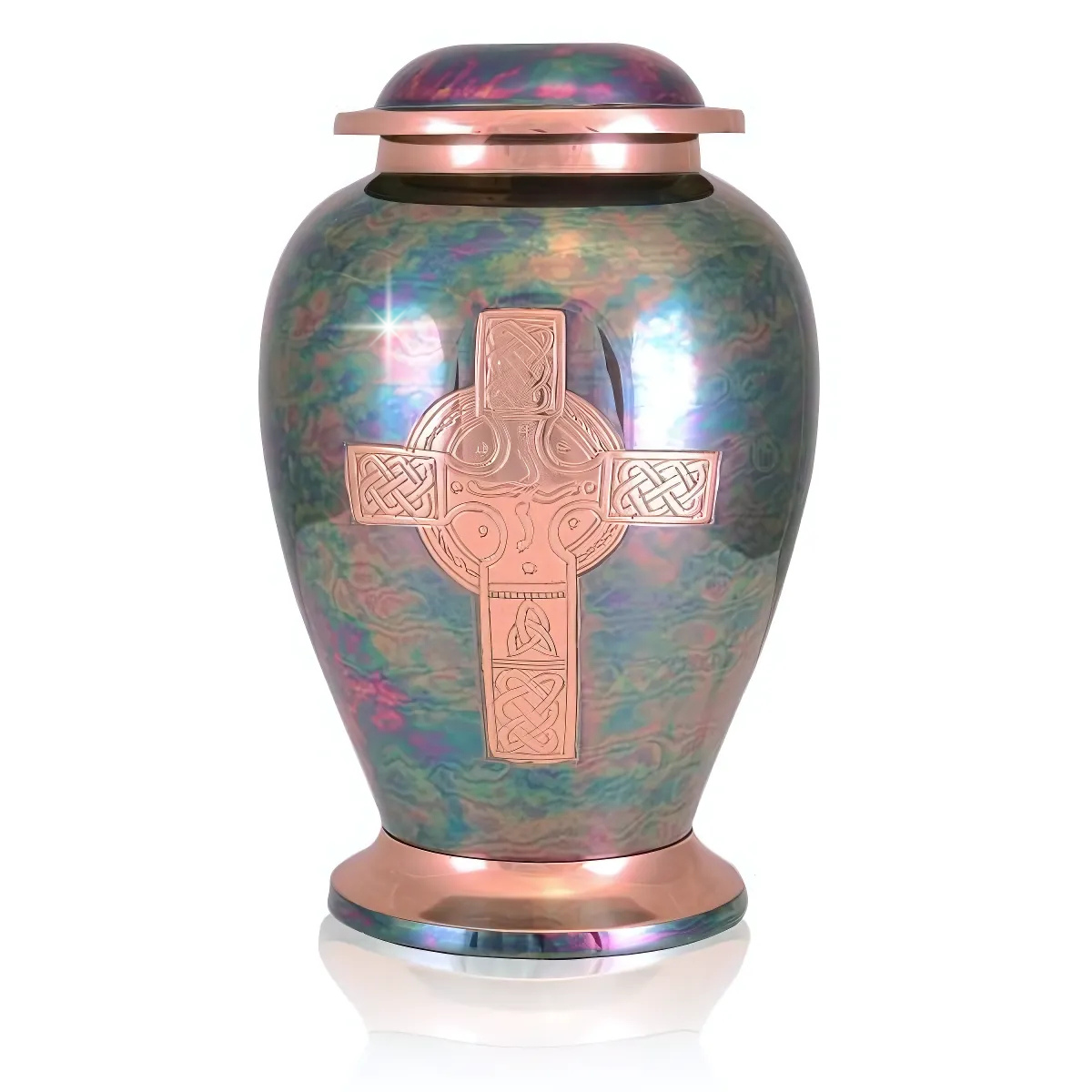 Polished brass cremation urn with a raised cross on the front face and a domed lid