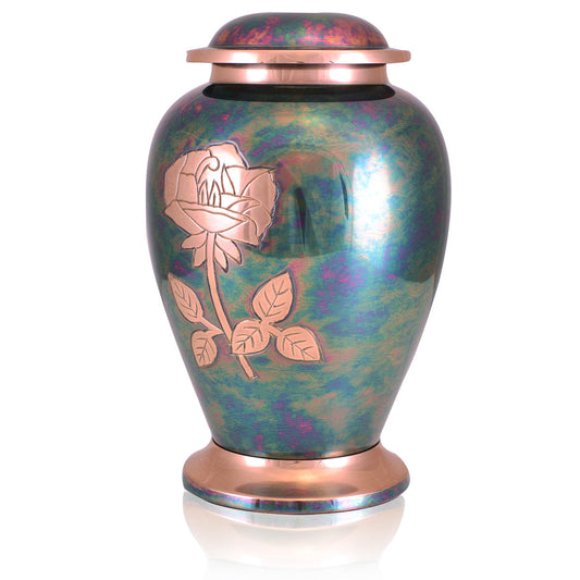 Polished brass cremation urn with a single raised rose on the front panel