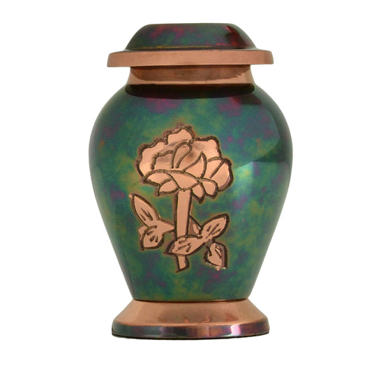 Rose pink brass keepsake urn with straight sides and a small domed threaded lid