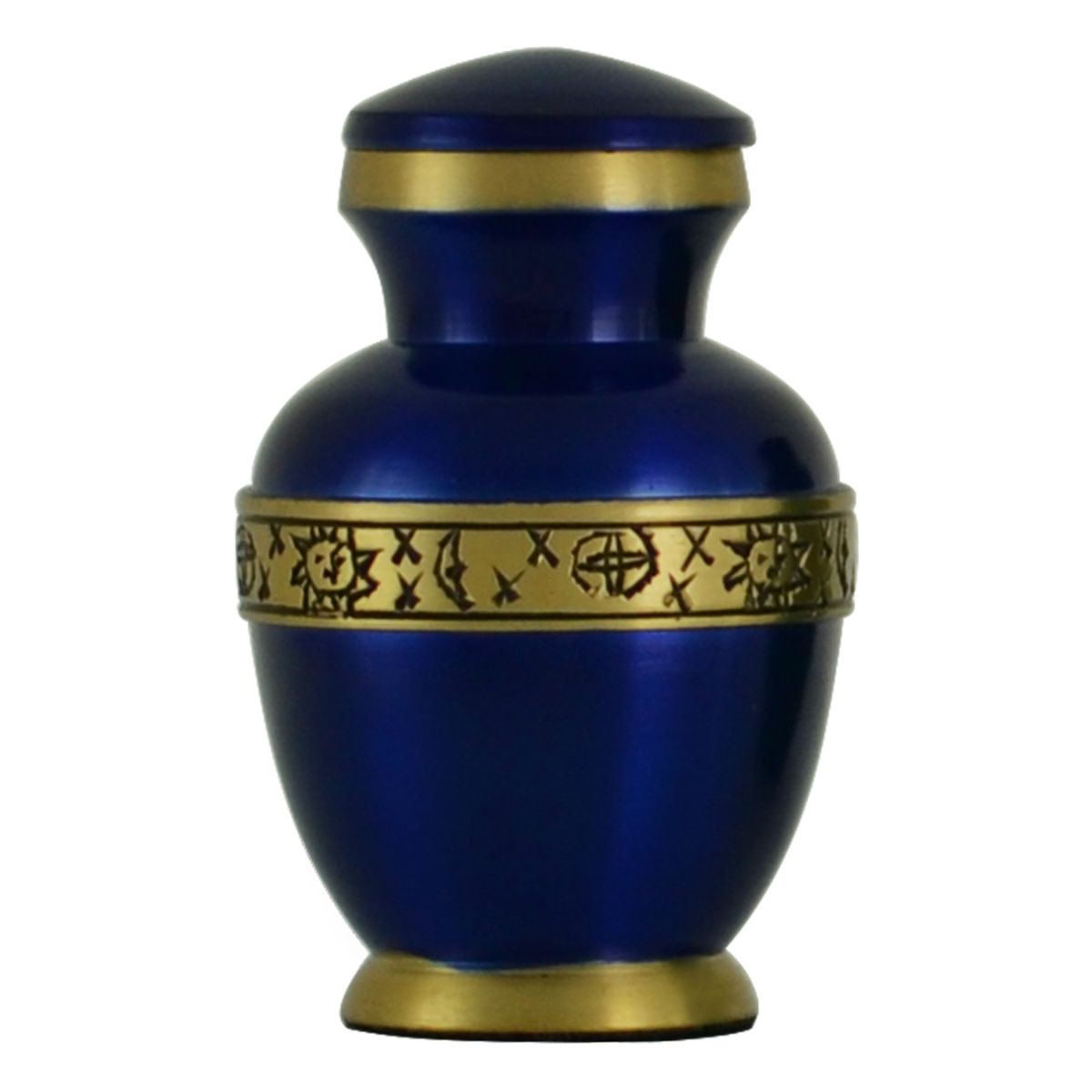 Deep blue brass keepsake urn with a crescent moon and scattered stars on the front