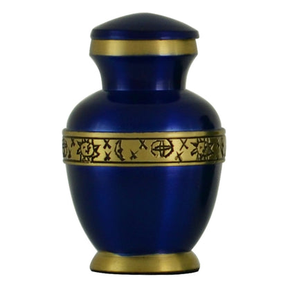Deep blue brass keepsake urn with a crescent moon and scattered stars on the front