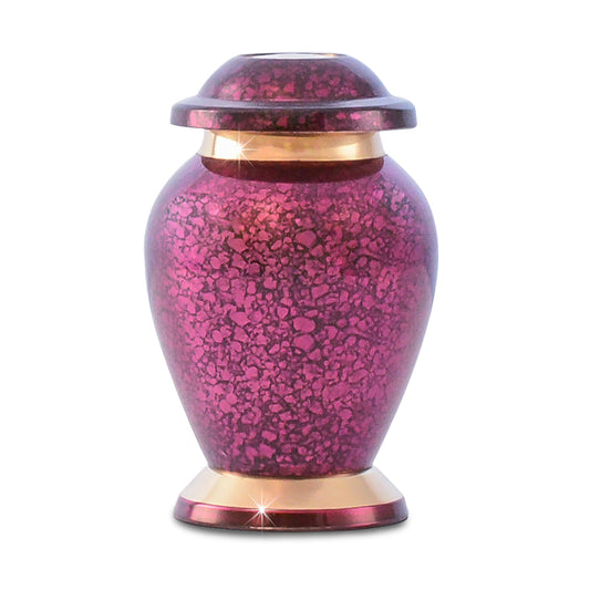 Gloss purple brass keepsake urn with an unbroken lacquer finish and threaded top