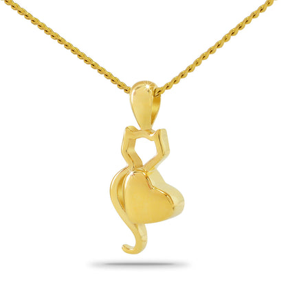 Gold-toned steel pendant about an inch tall with a raised cat and heart motif