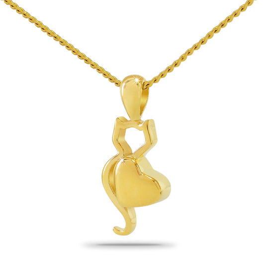 Gold-toned steel pendant about an inch tall with a raised cat and heart motif