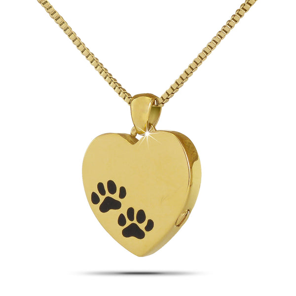 Gold-toned steel heart pendant with a cut-out paw print at its center