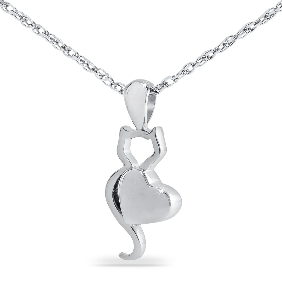 Brushed stainless steel pendant with a seated cat silhouette and a small heart