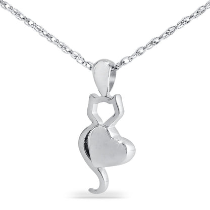 Brushed stainless steel pendant with a seated cat silhouette and a small heart