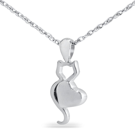 Brushed stainless steel pendant with a seated cat silhouette and a small heart