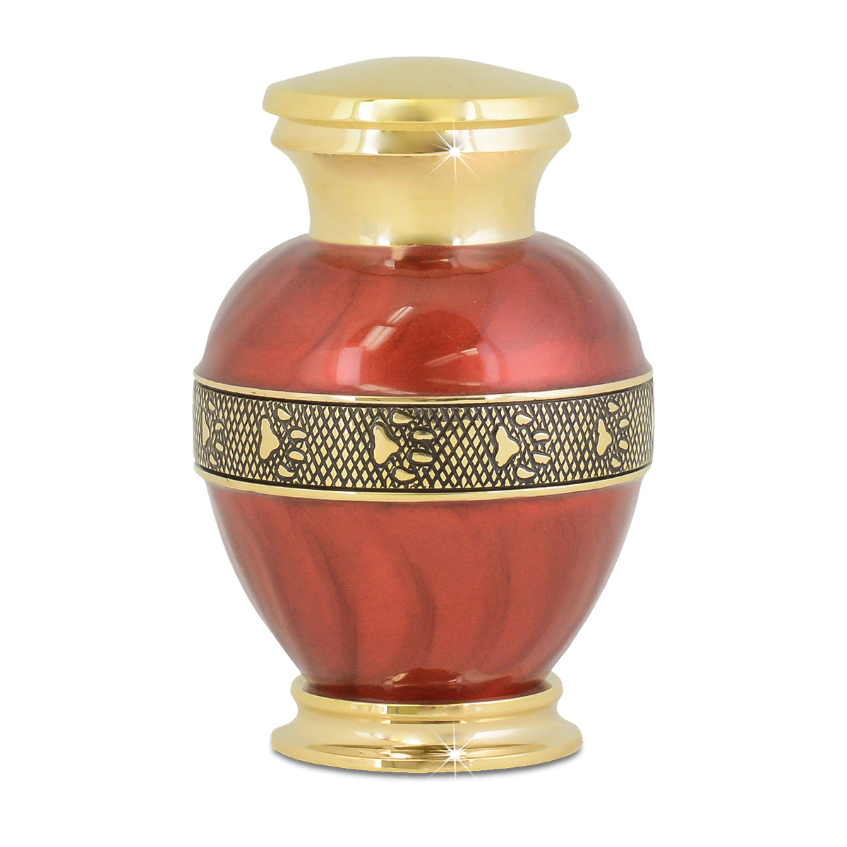 Brass pet cremation urn with a polished gold surface and squared sides, four inches tall
