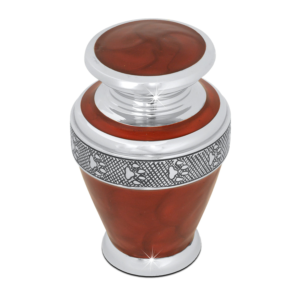 Small chrome-finished pet urn with a mirror-bright surface and softly rounded shoulders
