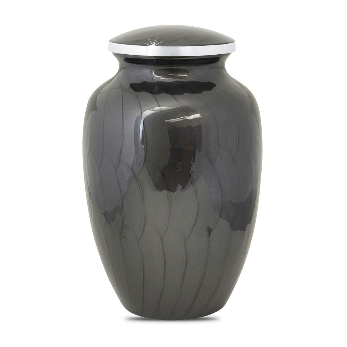 Brass cremation urn in a tall vase shape with a lift-off lid and banded shoulder