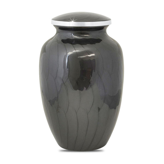 Brass cremation urn in a tall vase shape with a lift-off lid and banded shoulder