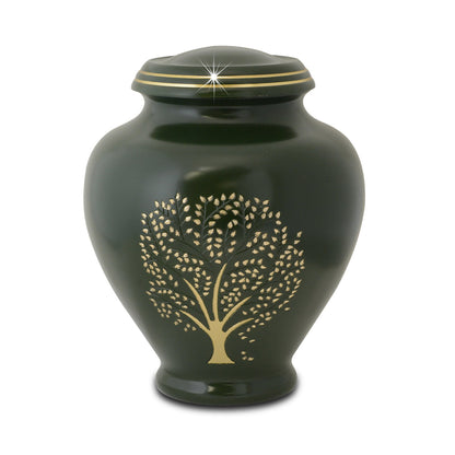 Brass cremation urn in a deep green finish with a narrow square base and domed lid