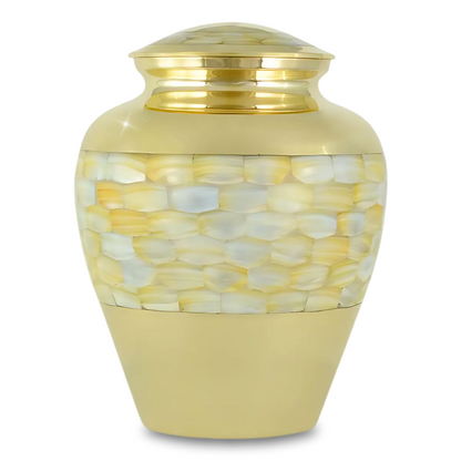 Brass cremation urn with plain mother of pearl inlay and no raised motif