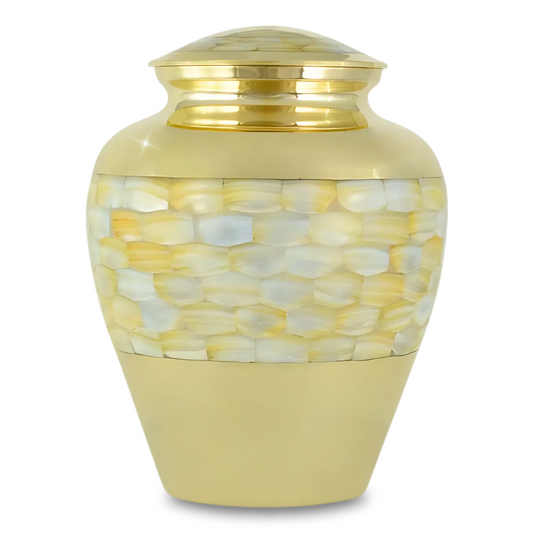 Brass cremation urn with plain mother of pearl inlay and no raised motif