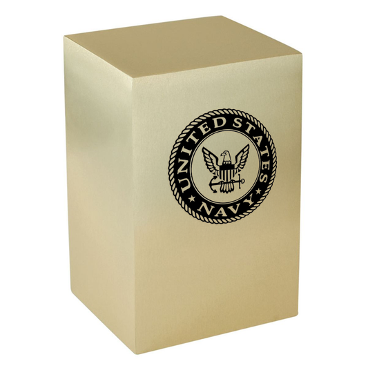 Bright brass cremation urn with a banded lid and a US Navy anchor emblem on the front