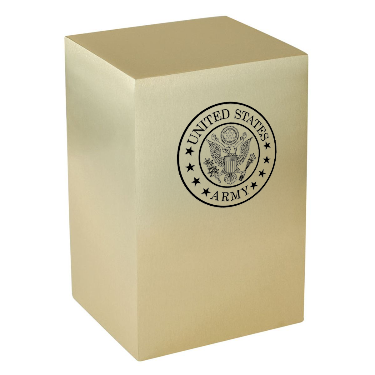 Polished brass cremation urn with a stepped lid and a US Army emblem on the front