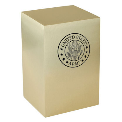 Polished brass cremation urn with a stepped lid and a US Army emblem on the front