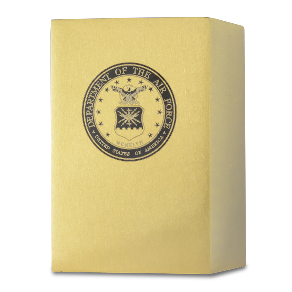 Polished brass cremation urn, tall square form, with a US Air Force emblem on the front