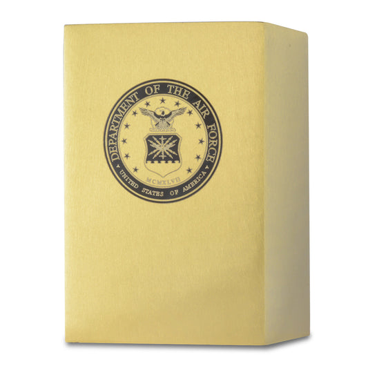 Polished brass cremation urn, tall square form, with a US Air Force emblem on the front