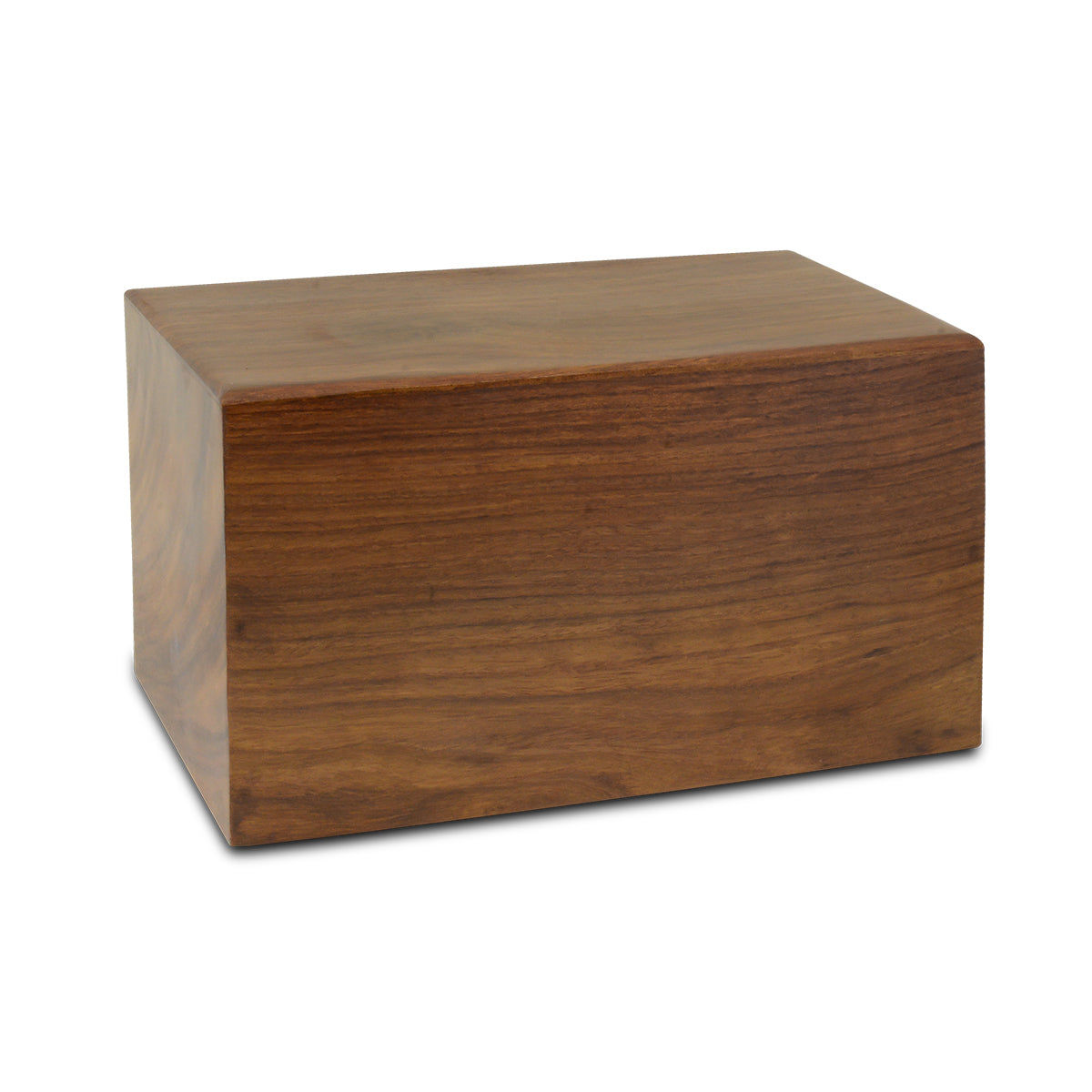Low profile wooden cremation urn with rounded edges, warm grain and a flat lid