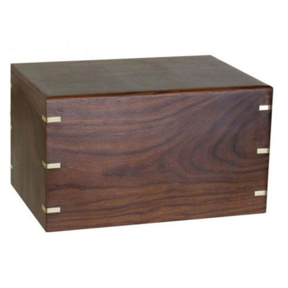 Rectangular wood cremation urn with brass banding and a low flat lid