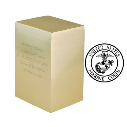 Brass cremation urn with a plain body and a Marine Corps eagle, globe and anchor emblem