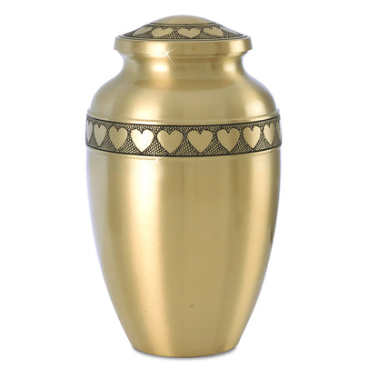 Brass cremation urn with a ring of linked hearts running around the middle