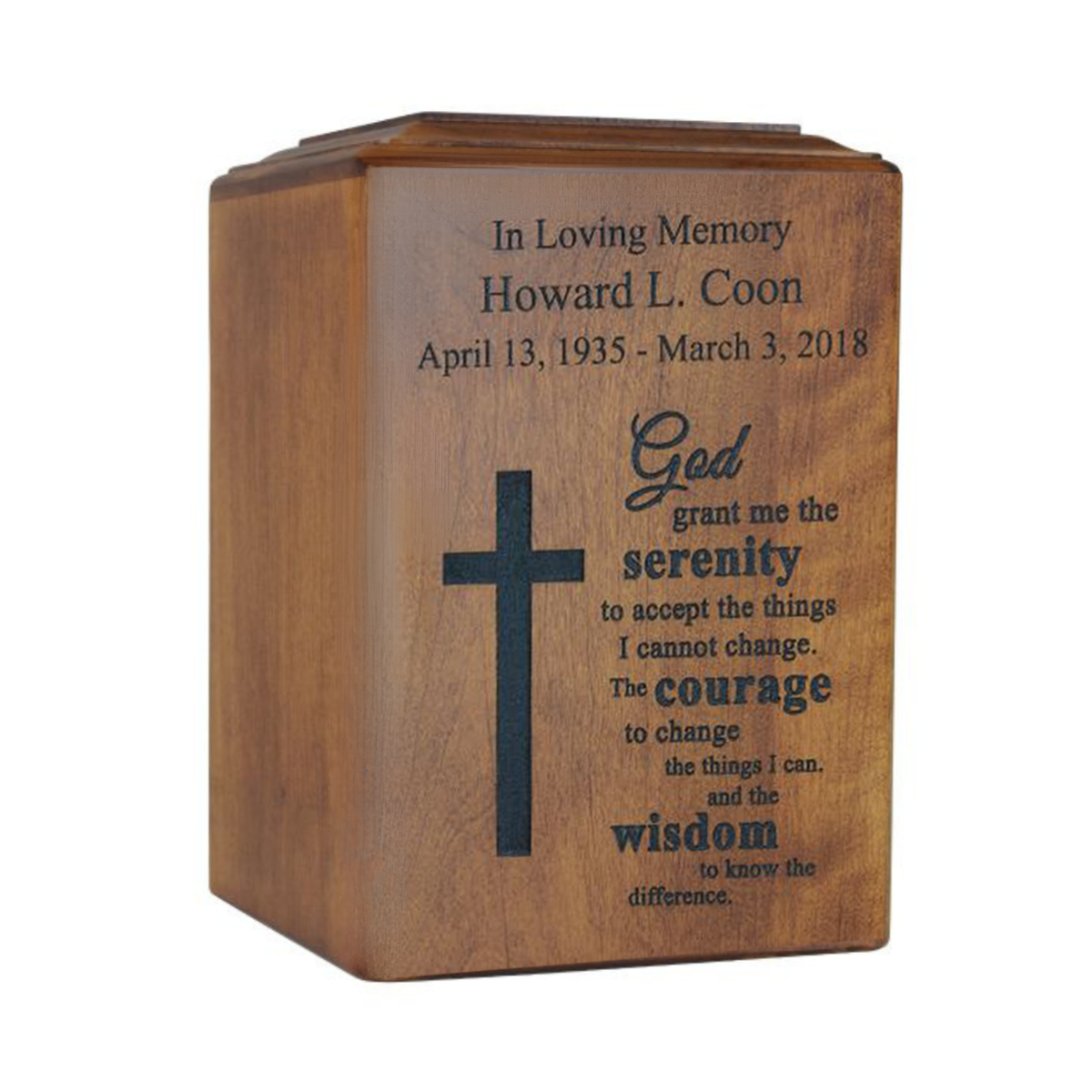 Plain wooden cremation urn with soft sheen, fitted lid and no applied ornament