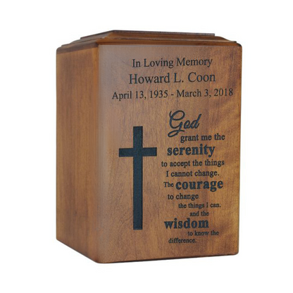 Plain wooden cremation urn with soft sheen, fitted lid and no applied ornament