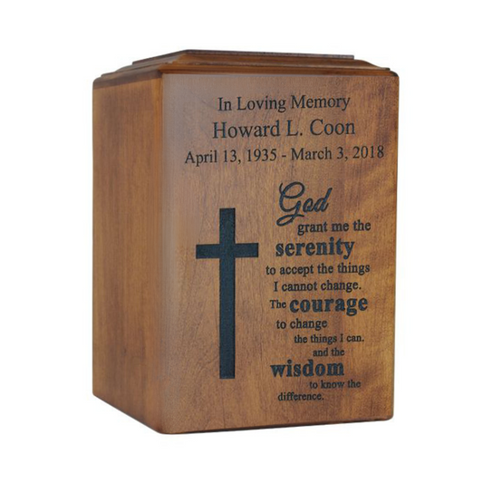 Plain wooden cremation urn with soft sheen, fitted lid and no applied ornament