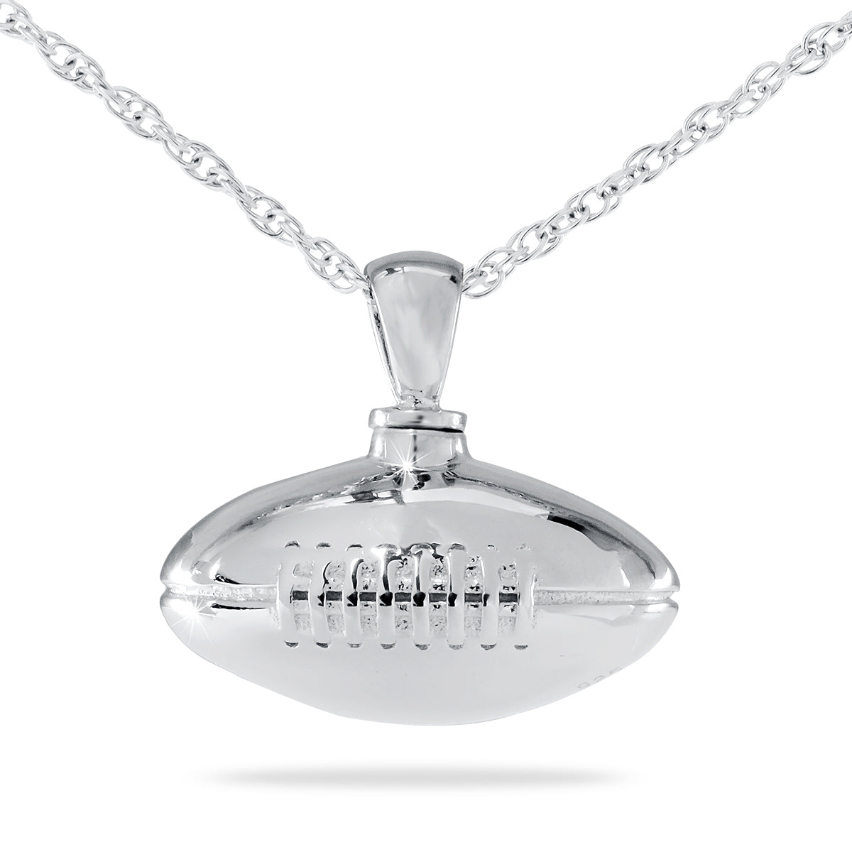 Silver football-shaped cremation pendant with raised stitching and laces, on a silver chain