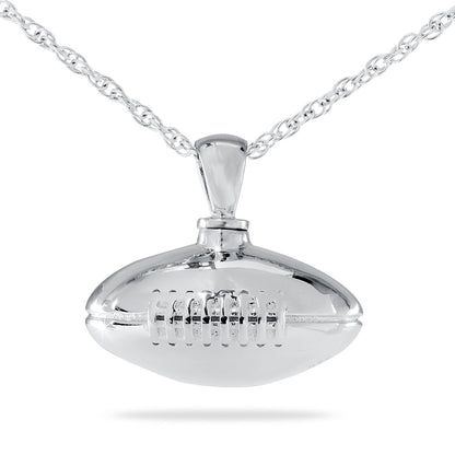 Silver football-shaped cremation pendant with raised stitching and laces, on a silver chain
