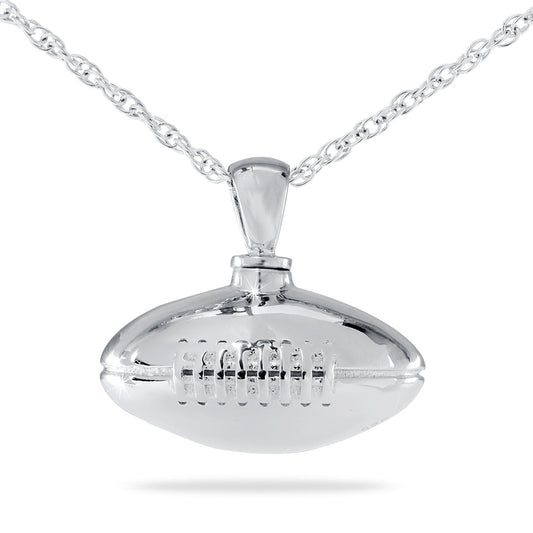 Silver football-shaped cremation pendant with raised stitching and laces, on a silver chain