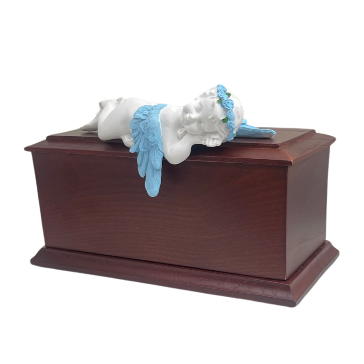 Blue wooden infant urn with a small sleeping angel figure resting on the lid