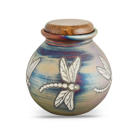 Ceramic Raku urn with dragonflies on a crackled copper and teal glaze