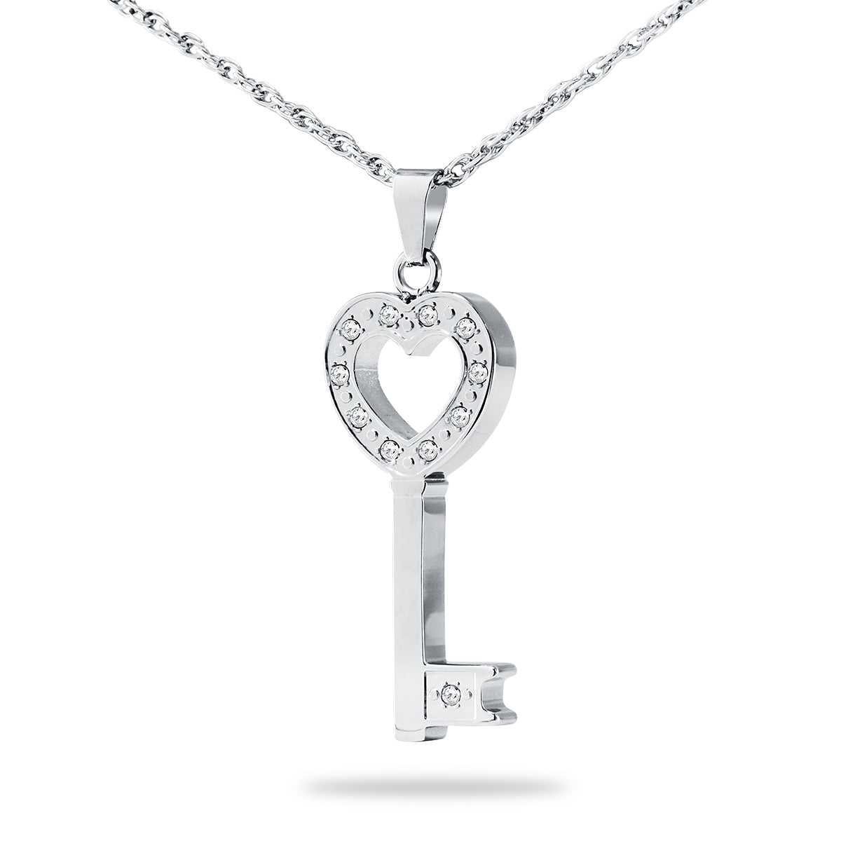 Stainless steel pendant shaped like an old door key with an ornate bow at the top