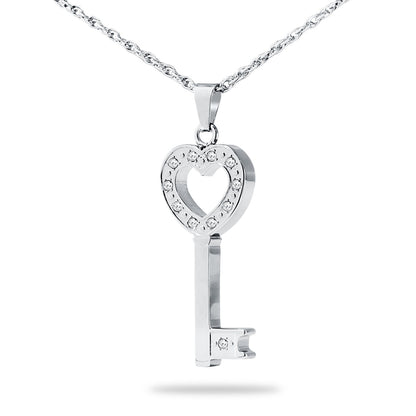 Stainless steel pendant shaped like an old door key with an ornate bow at the top