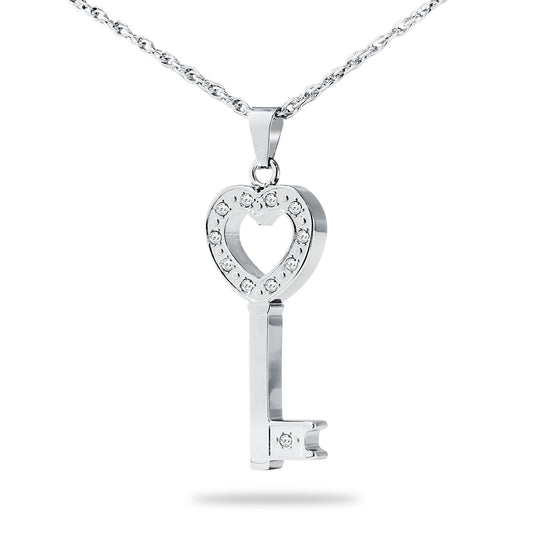 Stainless steel pendant shaped like an old door key with an ornate bow at the top